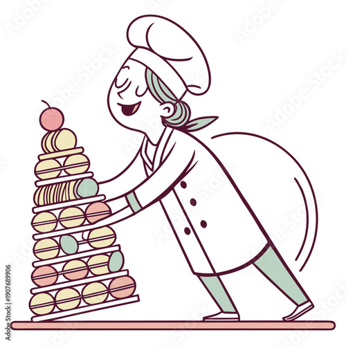 Funny baker struggles to stack sliding pastries in a flat vector illustration, showing a comical baking fail.