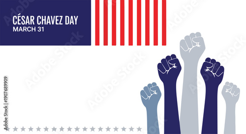 Illustration of raised fists in shades of blue and gray, honoring Cesar Chavez on March 31st, symbolizing social justice and legacy.