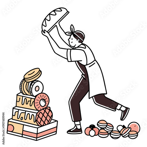 Baker stacking pastries unevenly in a funny, flat vector illustration with a humorous, clumsy concept.