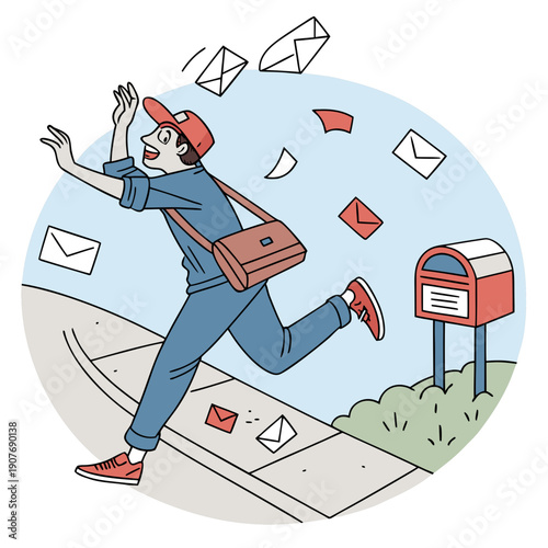 Humorous Clumsy Mail Carrier Accidentally Dropping Envelopes Like Confetti. Funny Cartoon Postal Worker Causing a Chaotic Paper Spill During Delivery.