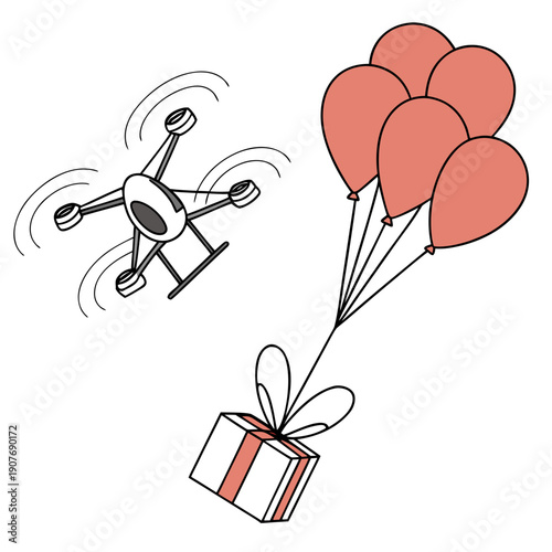 Humorous Delivery Drone Crashing Softly into a Cluster of Colorful Balloons. Funny Cartoon Futuristic AI Robot Experiencing a Gentle Collision.