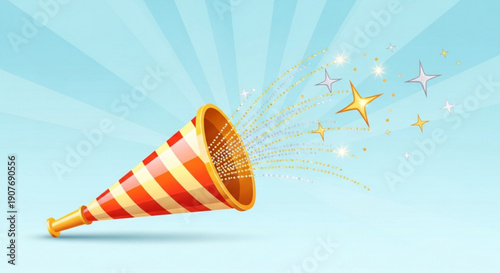 Party Horn Blowing Confetti on Blue Background with Stars