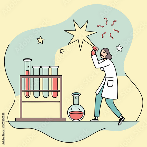 A whimsical flat illustration of a failed experiment creating harmless, floating sparkles.