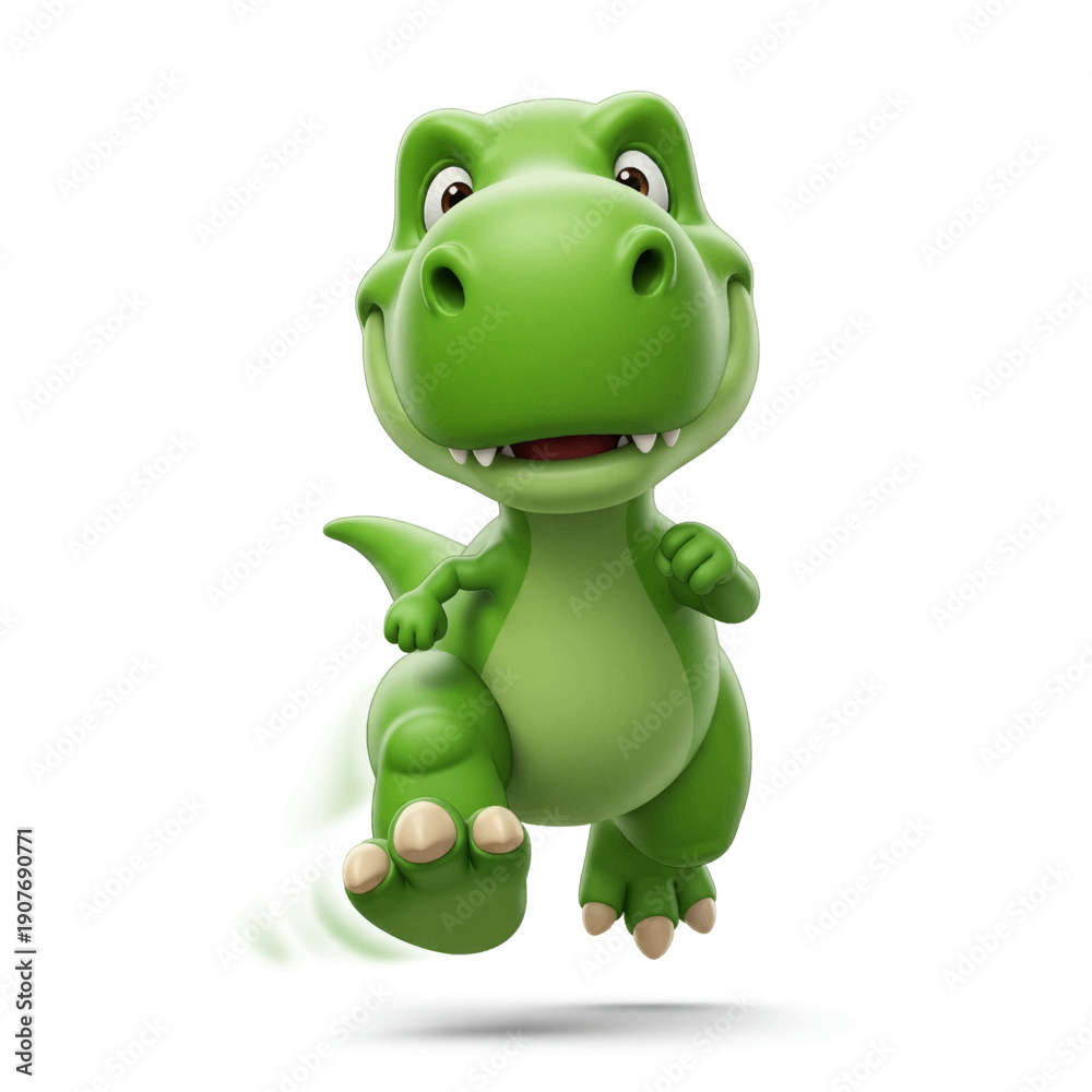 Fototapeta premium Cute green cartoon dinosaur character running playfully.