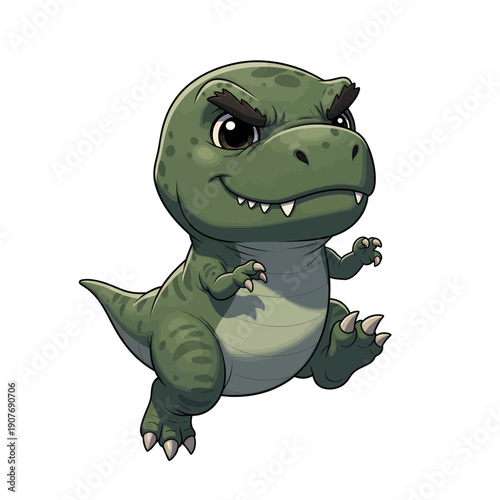 Cute cartoon baby T Rex dinosaur with a mischievous expression.