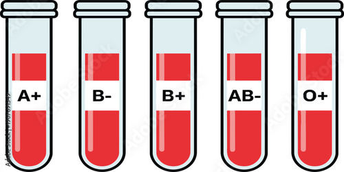 Blood Test Tubes Showing Different Blood Types Flat Vector Illustration Set Isolated on White Background