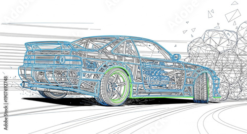 Blue Car Speeding on Road.