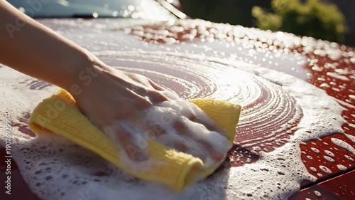 A person's hand is diligently washing the shiny red car with a yellow sponge