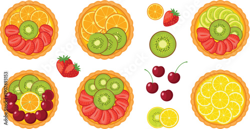Colorful Fruit Tart and Pie Top View Set Flat Vector Illustration Isolated on White Background