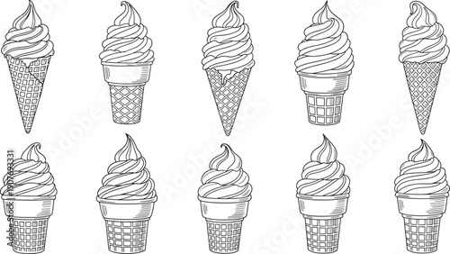 Hand Drawn Soft Serve Ice Cream Cones Sketch Set Black and White Vector Illustration Isolated on White Background