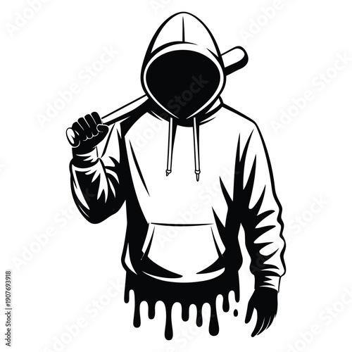 Black silhouette of a person in a hooded sweatshirt holding a baseball bat