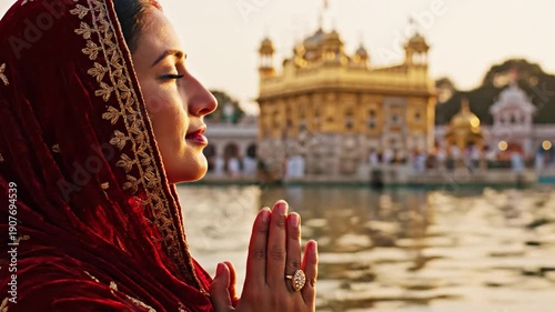 Woman Praying in Front of Golden Temple in India.