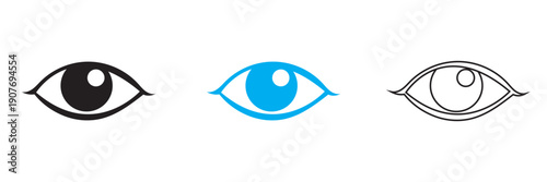 Eye Icons Set Minimal Black, blue Symbols. Collection of simple eye icons in black and white, representing vision, observation, awareness, and viewing concepts for interface and graphic design.

