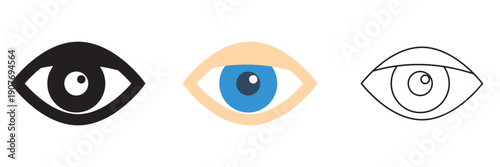 Eye Icons Set Minimal Black, blue Symbols. Collection of simple eye icons in black and white, representing vision, observation, awareness, and viewing concepts for interface and graphic design.

