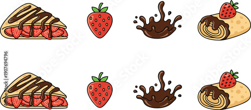 Strawberry Crepe and Swiss Roll Vector Illustration Set with Chocolate Sauce Drizzle Liquid Splash and Fresh Red Berries Pack