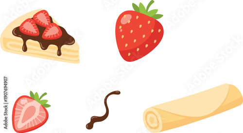 Strawberry Cake and Dessert Elements Flat Vector Illustration Isolated on White Background
