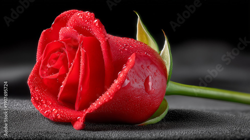 Single Red Rose with Dewdro...