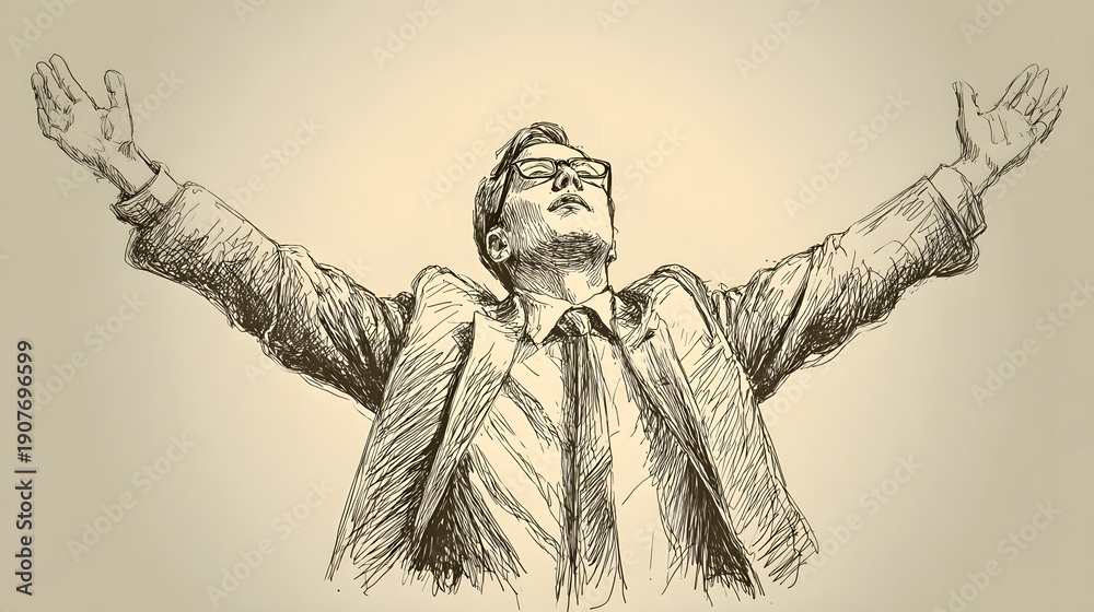 Obraz premium Man in Suit with Arms Raised in Triumph and Celebration.