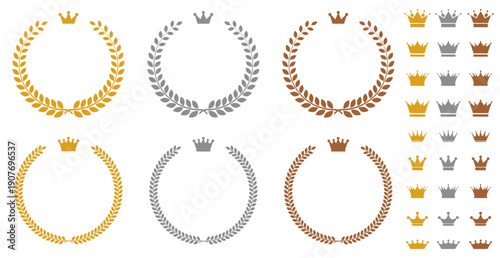 光沢のない　表彰に使える月桂樹と王冠のベクターセット　金銀銅　123位