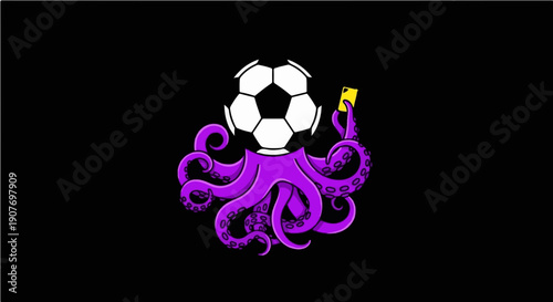 Octopus Soccer Referee Holding Yellow Card with Ball - Creative Sports Mascot Graphic Illustration