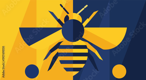 Stylized geometric bee illustration with contrasting yellow and blue background elements