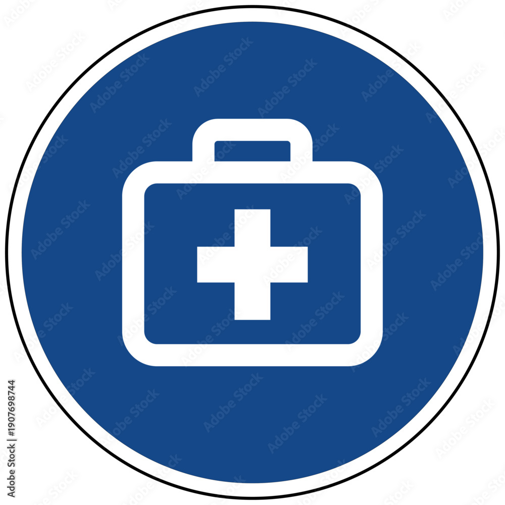 Obraz premium Erste Hilfe Koffer Notfall Vektor Icon blaues Schild Medizinische Versorgung Sanitäter Hilfe Gesundheit Rettungsdienst Notarzt Unfall Sicherheit Arbeitsschutz Ausrüstung Vektor Design