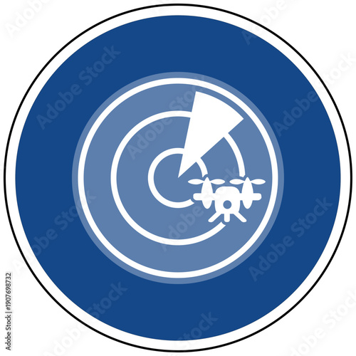 Radar Drohnen Erkennung Vektor Grafik blaues Schild Ortung Luftüberwachung Tracking Flugobjekt Erfassung Scanner Signal Sensor Luftraumüberwachung Sicherheit Drohnenerkennung Grafik