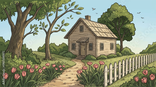 a small house with a picket fence and pink tulips in the yard