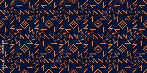 Orange lightning bolts and geometric squares pattern on dark blue background. Perfect for apparel, bandanas, wrapping paper, and unique packaging designs.