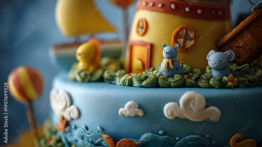 Fototapeta premium Macro Shot of Whimsical Birthday Cake with Miniature House and Animals