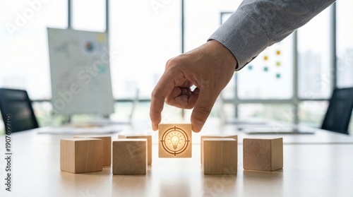 Hand placing a wooden block with a lit lightbulb inside a target surrounded by other blocks