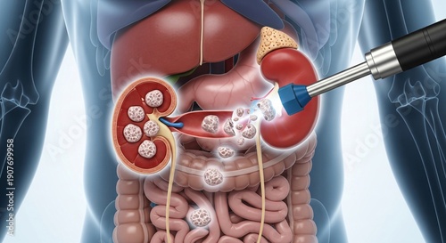 Medical illustration of lithotripsy shattering kidney stones within the urinary system