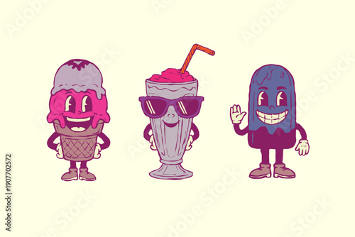 Ice cream and milkshake cute retro cartoon characters with playful expressions set. Vector hand drawn vintage doodle colorful fun groovy vibes, isolated design template illustration