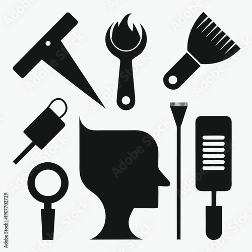 Minimal monochrome hair salon equipment vector icons