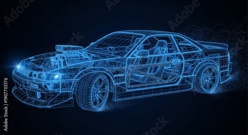 Blue Wireframe Car Design Model.