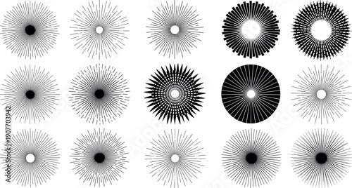 Abstract radial sunburst and starburst collection with fine line rays, light halos, optical ripples and explosive energy effects