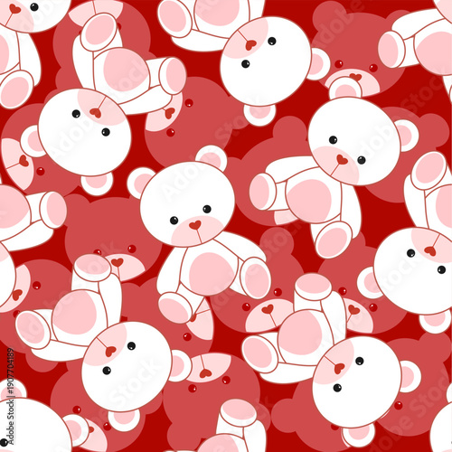 Adorable teddy bear seamless pattern on a bright red background. Perfect for Valentine’s Day, kids designs, nursery prints, and playful textiles.