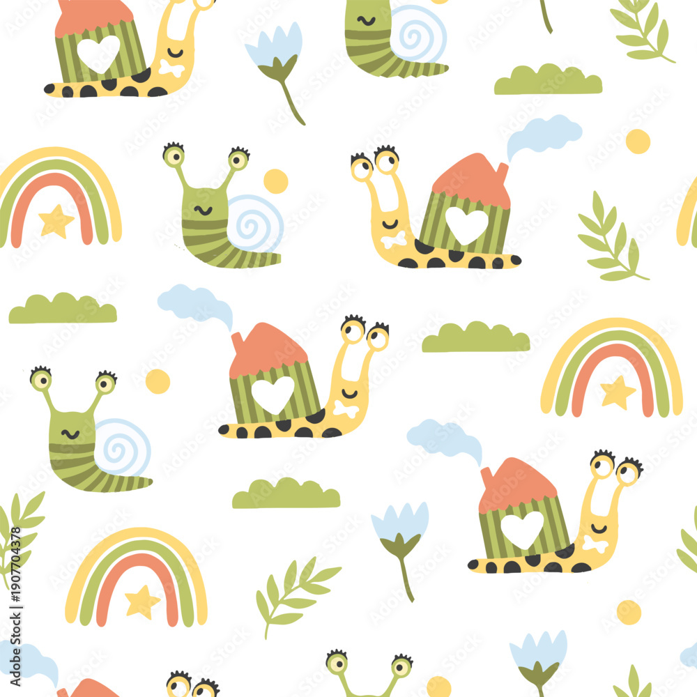 Obraz premium A cute seamless pattern with various snails, butterflies, flowers, mushrooms, hearts, and clouds. Vector illustration. Creative children's background for fabric.