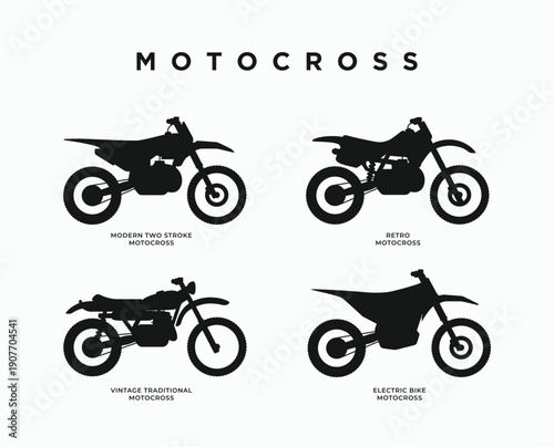 Motocross silhouette icons set vector illustration. Types of motocross infographic. Vintage retro motorcycle