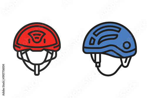 Two different types of protective headgear including a red safety helmet and a blue sports helmet.