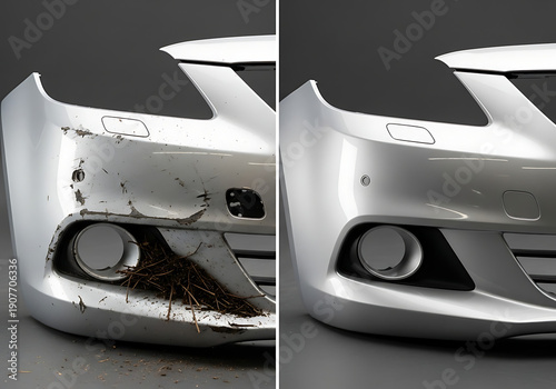 Before and After Car Repair Concept: Comparing Damaged Bumper with Scratches to Pristine Polished Bumper in Split Screen Image for Auto Repair Service Advertisement