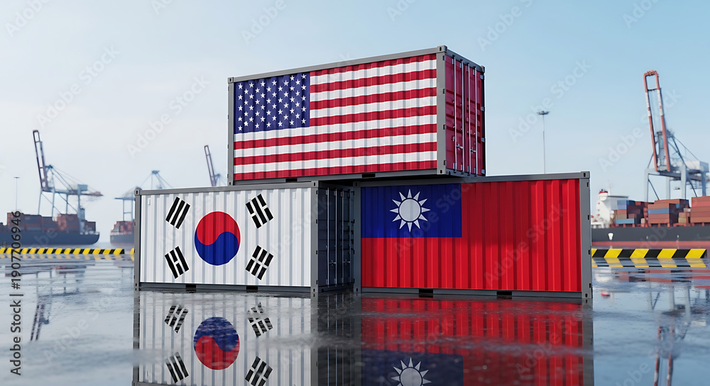 Obraz premium International Trade Shipping Containers with USA South Korea Taiwan Flags