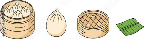 Dim Sum Vector Illustration Set with Steamed Dumplings in Bamboo Steamer Basket Single Baozi and Green Banana Leaf Isolated