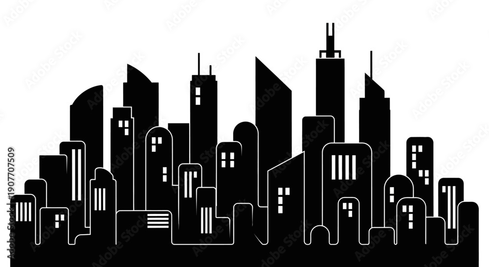 Fototapeta premium Compact City Skyline Silhouette with Blocky Modern Buildings on Isolated White Background