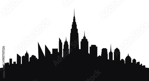 Dynamic City Skyline Silhouette with Varied Rooflines on Isolated White Background