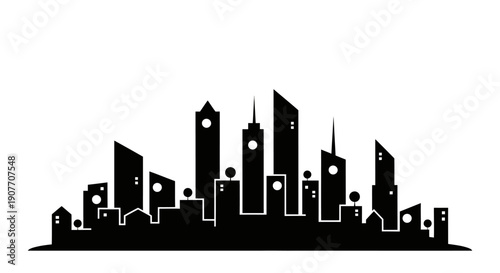 Abstract City Skyline Silhouette with Varied Building Shapes on Isolated White Background