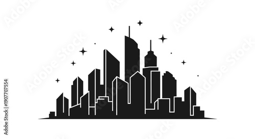 Minimalist City Skyline Silhouette with Stars on Isolated White Background