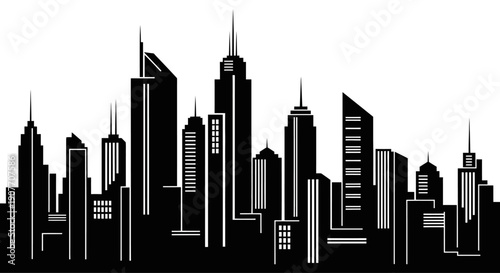 Modern City Skyline Silhouette with Tall Buildings on Isolated White Background