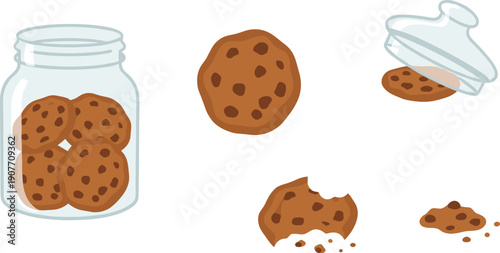 Chocolate Chip Cookies and Glass Jar Set Flat Vector Illustration Isolated on White Background