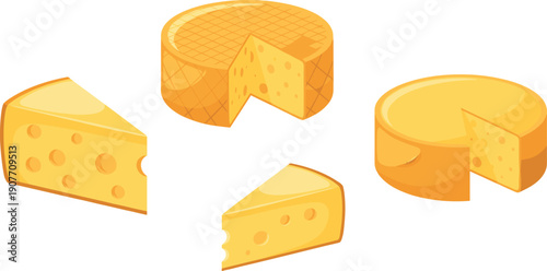 Cheese Wheel and Slices Set Flat Vector Illustration Isolated on White Background